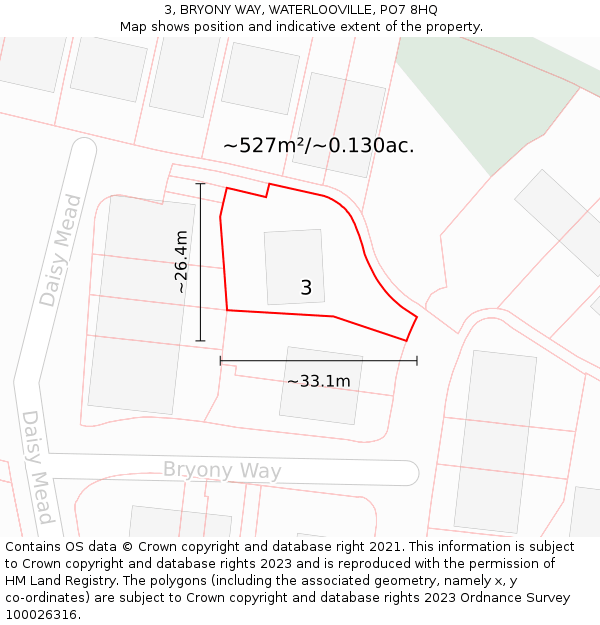 3, BRYONY WAY, WATERLOOVILLE, PO7 8HQ: Plot and title map