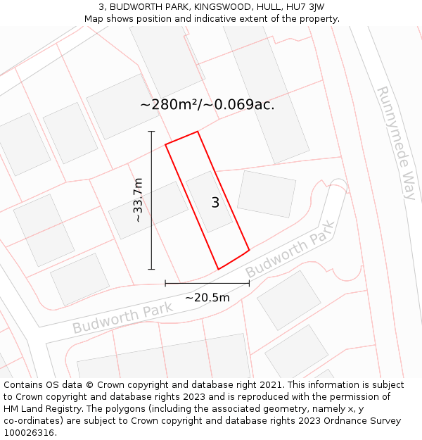 3, BUDWORTH PARK, KINGSWOOD, HULL, HU7 3JW: Plot and title map