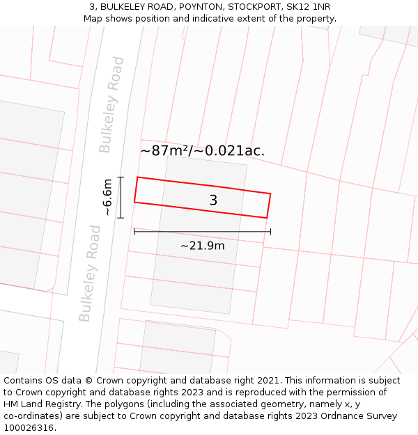 3, BULKELEY ROAD, POYNTON, STOCKPORT, SK12 1NR: Plot and title map
