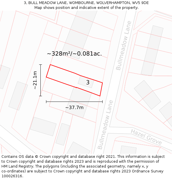 3, BULL MEADOW LANE, WOMBOURNE, WOLVERHAMPTON, WV5 9DE: Plot and title map