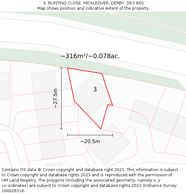 3, BUNTING CLOSE, MICKLEOVER, DERBY, DE3 9XG: Plot and title map