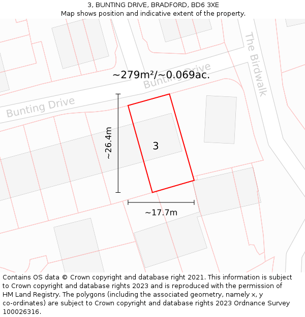 3, BUNTING DRIVE, BRADFORD, BD6 3XE: Plot and title map