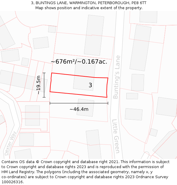 3, BUNTINGS LANE, WARMINGTON, PETERBOROUGH, PE8 6TT: Plot and title map