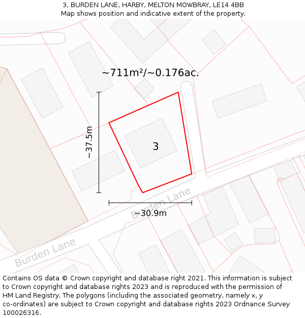 3, BURDEN LANE, HARBY, MELTON MOWBRAY, LE14 4BB: Plot and title map