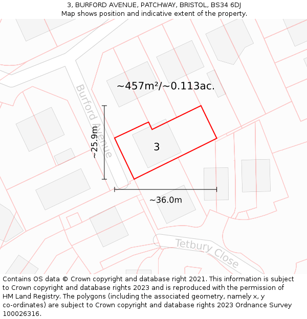 3, BURFORD AVENUE, PATCHWAY, BRISTOL, BS34 6DJ: Plot and title map