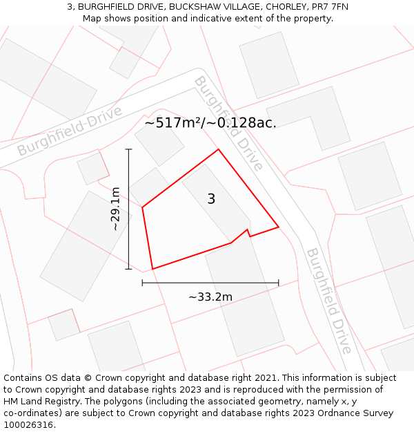 3, BURGHFIELD DRIVE, BUCKSHAW VILLAGE, CHORLEY, PR7 7FN: Plot and title map