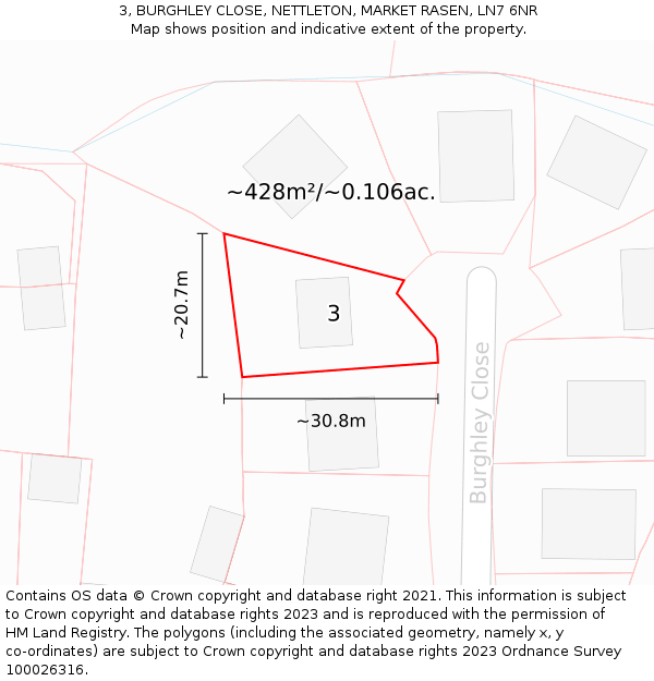3, BURGHLEY CLOSE, NETTLETON, MARKET RASEN, LN7 6NR: Plot and title map