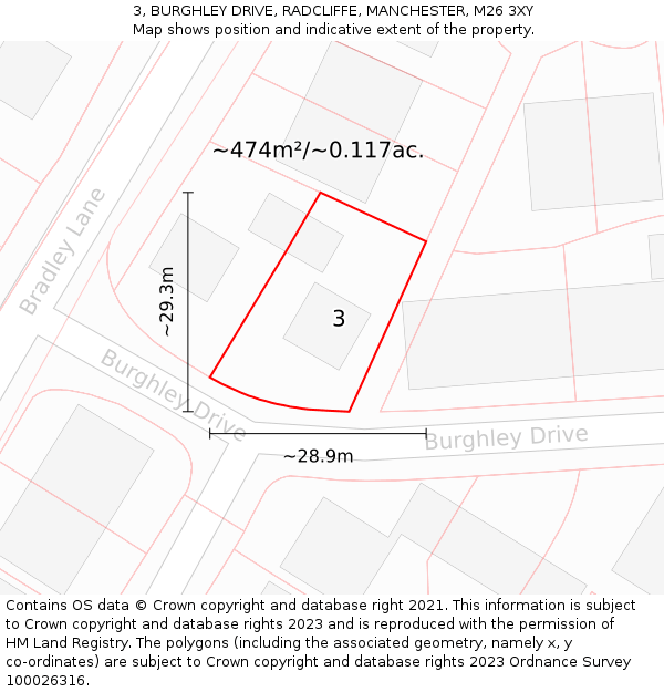 3, BURGHLEY DRIVE, RADCLIFFE, MANCHESTER, M26 3XY: Plot and title map