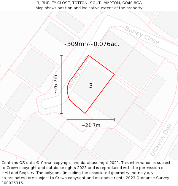 3, BURLEY CLOSE, TOTTON, SOUTHAMPTON, SO40 8GA: Plot and title map