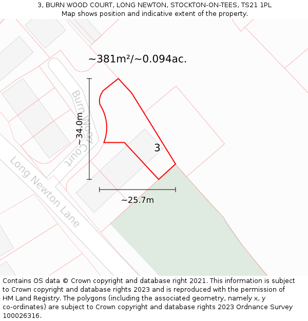 3, BURN WOOD COURT, LONG NEWTON, STOCKTON-ON-TEES, TS21 1PL: Plot and title map