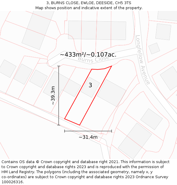 3, BURNS CLOSE, EWLOE, DEESIDE, CH5 3TS: Plot and title map