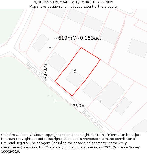 3, BURNS VIEW, CRAFTHOLE, TORPOINT, PL11 3BW: Plot and title map