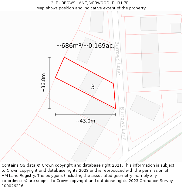 3, BURROWS LANE, VERWOOD, BH31 7PH: Plot and title map