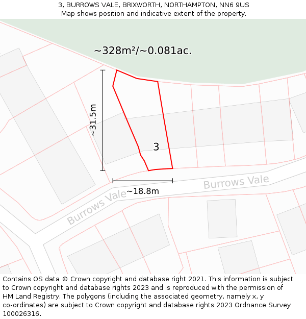 3, BURROWS VALE, BRIXWORTH, NORTHAMPTON, NN6 9US: Plot and title map
