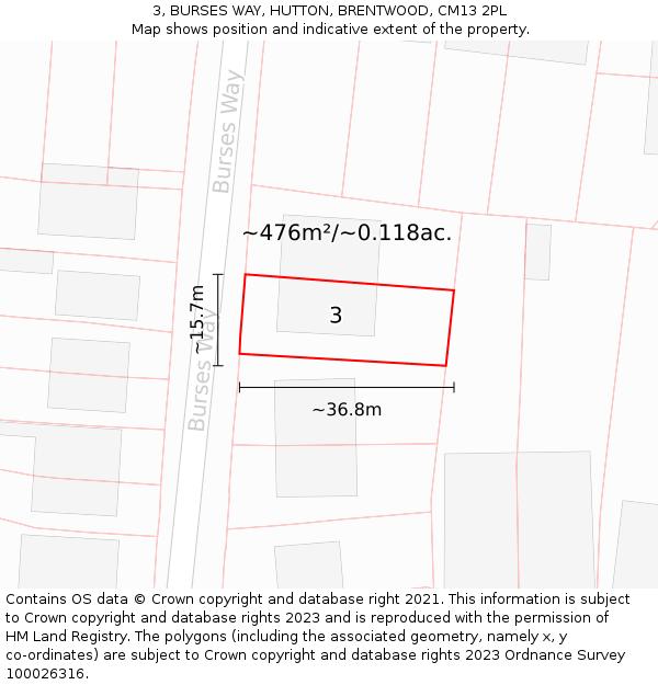 3, BURSES WAY, HUTTON, BRENTWOOD, CM13 2PL: Plot and title map