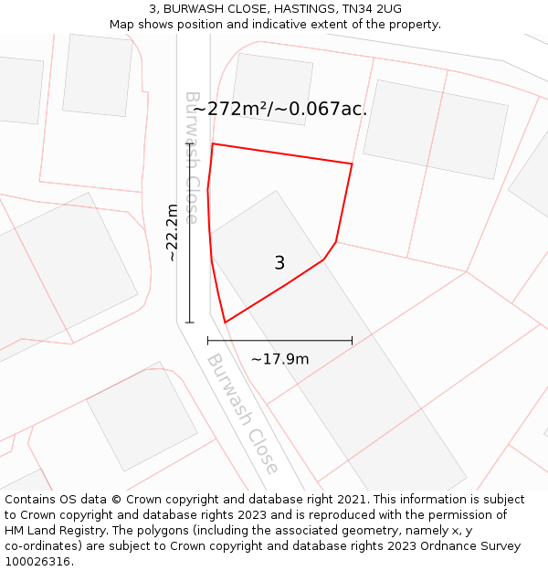 3, BURWASH CLOSE, HASTINGS, TN34 2UG: Plot and title map