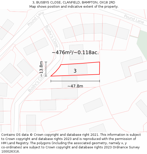 3, BUSBYS CLOSE, CLANFIELD, BAMPTON, OX18 2RD: Plot and title map