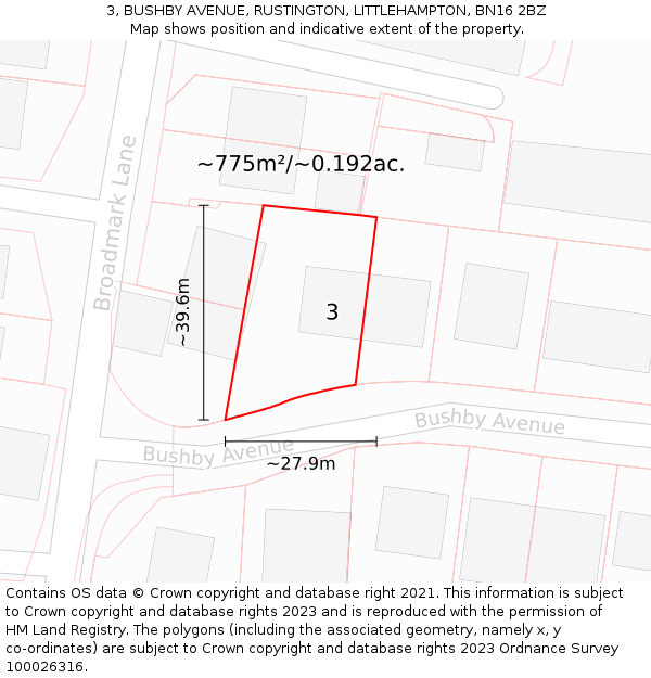 3, BUSHBY AVENUE, RUSTINGTON, LITTLEHAMPTON, BN16 2BZ: Plot and title map