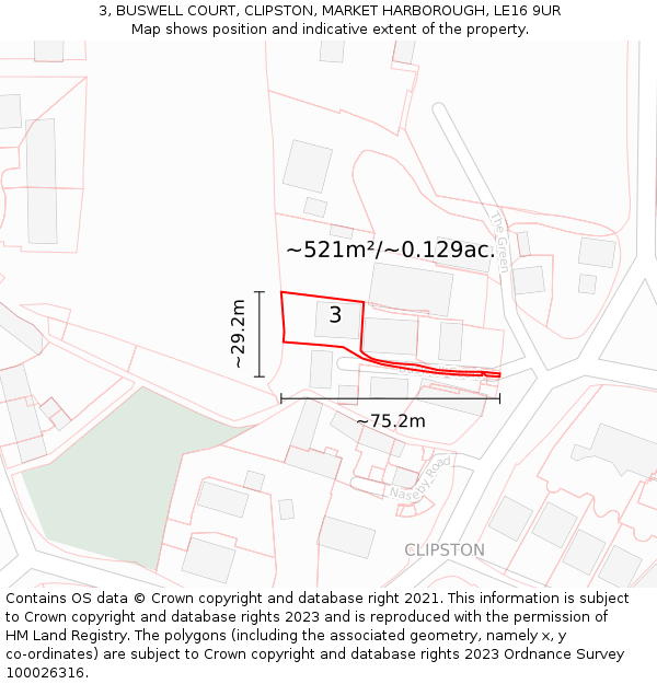3, BUSWELL COURT, CLIPSTON, MARKET HARBOROUGH, LE16 9UR: Plot and title map