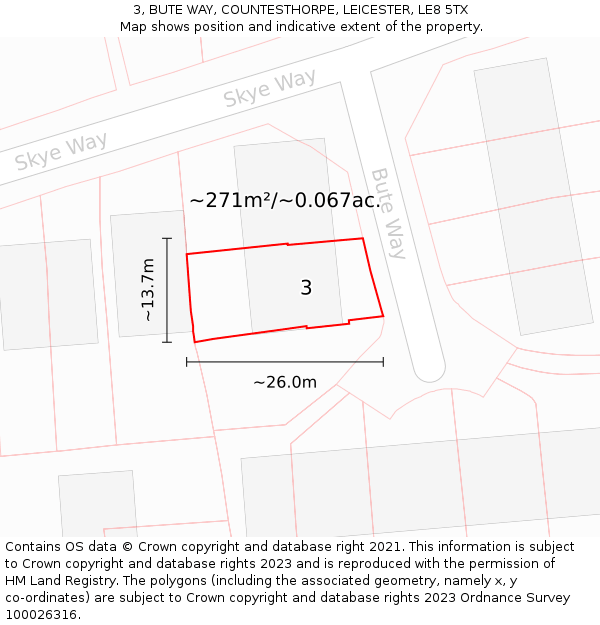 3, BUTE WAY, COUNTESTHORPE, LEICESTER, LE8 5TX: Plot and title map