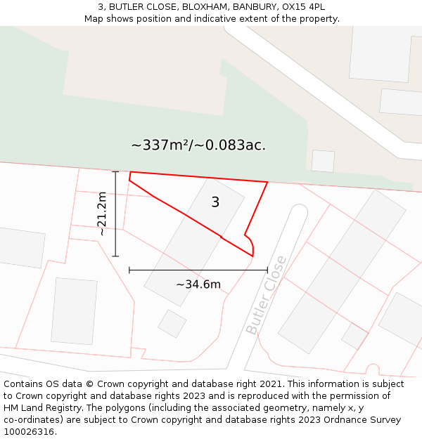 3, BUTLER CLOSE, BLOXHAM, BANBURY, OX15 4PL: Plot and title map