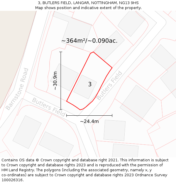 3, BUTLERS FIELD, LANGAR, NOTTINGHAM, NG13 9HS: Plot and title map