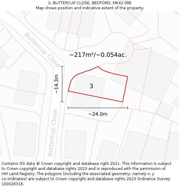 3, BUTTERCUP CLOSE, BEDFORD, MK42 0RE: Plot and title map