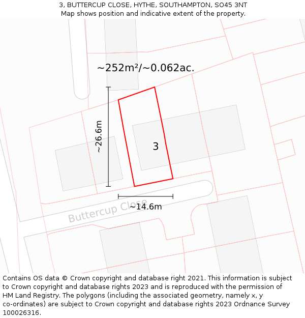 3, BUTTERCUP CLOSE, HYTHE, SOUTHAMPTON, SO45 3NT: Plot and title map