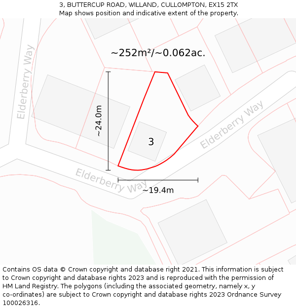 3, BUTTERCUP ROAD, WILLAND, CULLOMPTON, EX15 2TX: Plot and title map
