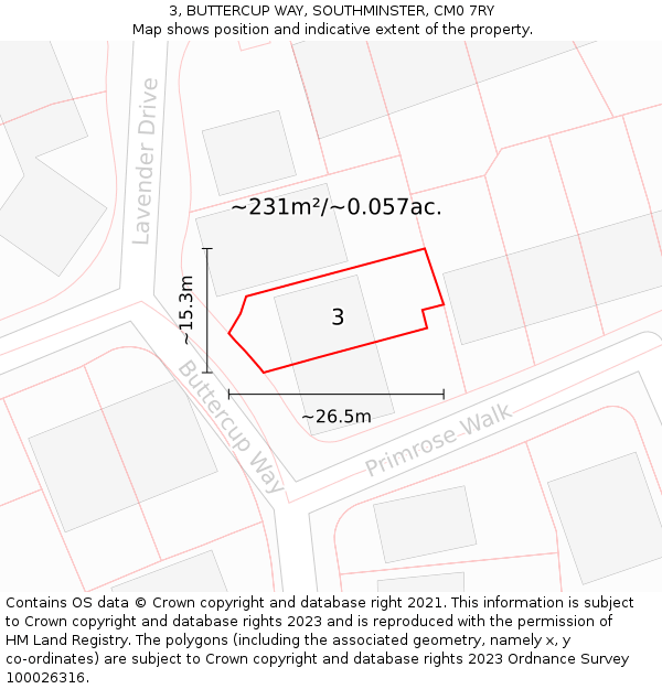 3, BUTTERCUP WAY, SOUTHMINSTER, CM0 7RY: Plot and title map