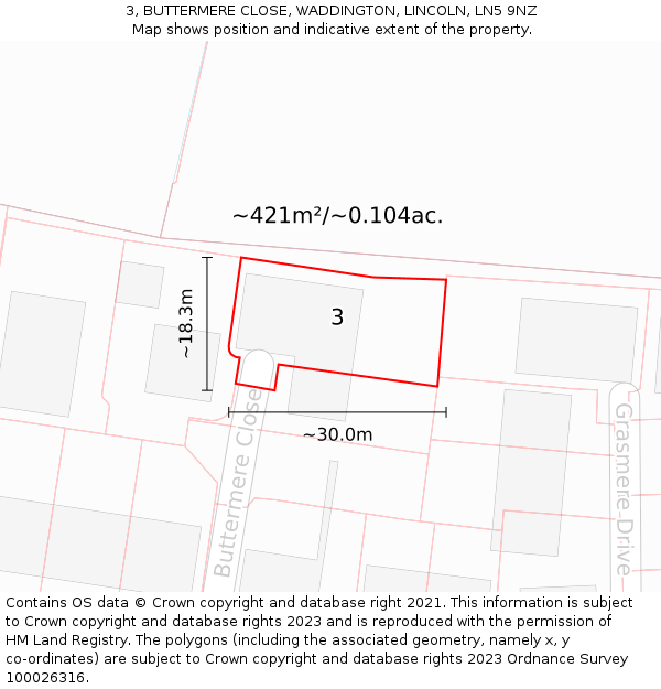 3, BUTTERMERE CLOSE, WADDINGTON, LINCOLN, LN5 9NZ: Plot and title map