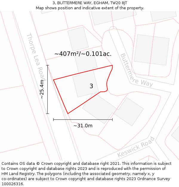 3, BUTTERMERE WAY, EGHAM, TW20 8JT: Plot and title map