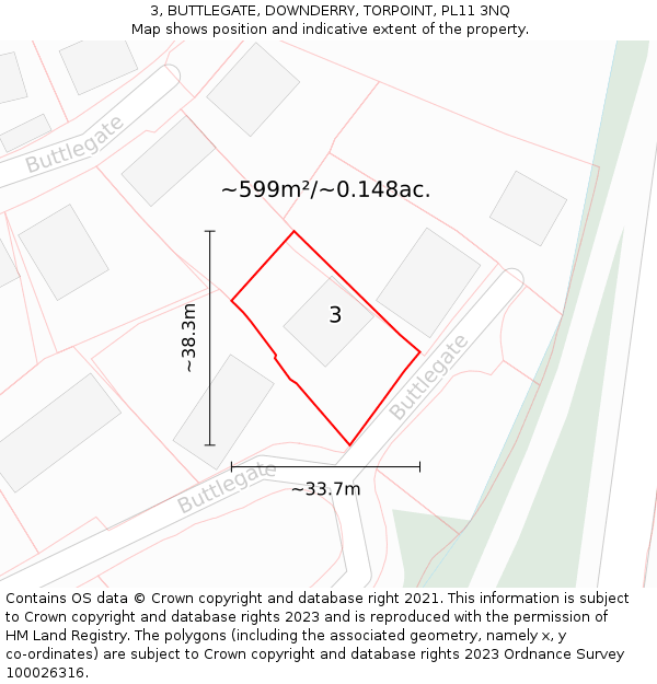 3, BUTTLEGATE, DOWNDERRY, TORPOINT, PL11 3NQ: Plot and title map