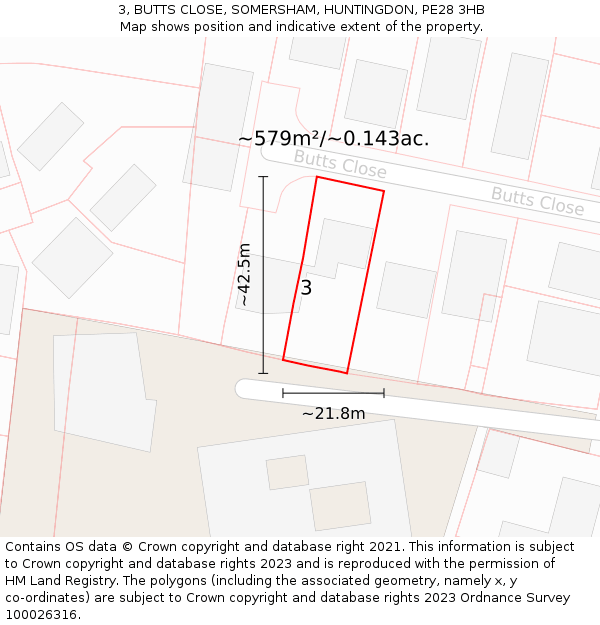 3, BUTTS CLOSE, SOMERSHAM, HUNTINGDON, PE28 3HB: Plot and title map
