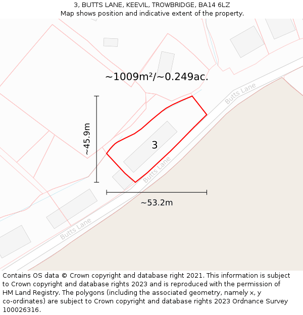 3, BUTTS LANE, KEEVIL, TROWBRIDGE, BA14 6LZ: Plot and title map