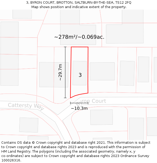 3, BYRON COURT, BROTTON, SALTBURN-BY-THE-SEA, TS12 2FQ: Plot and title map