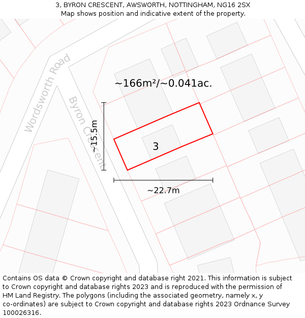 3, BYRON CRESCENT, AWSWORTH, NOTTINGHAM, NG16 2SX: Plot and title map