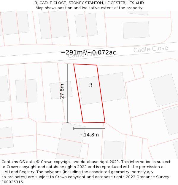 3, CADLE CLOSE, STONEY STANTON, LEICESTER, LE9 4HD: Plot and title map
