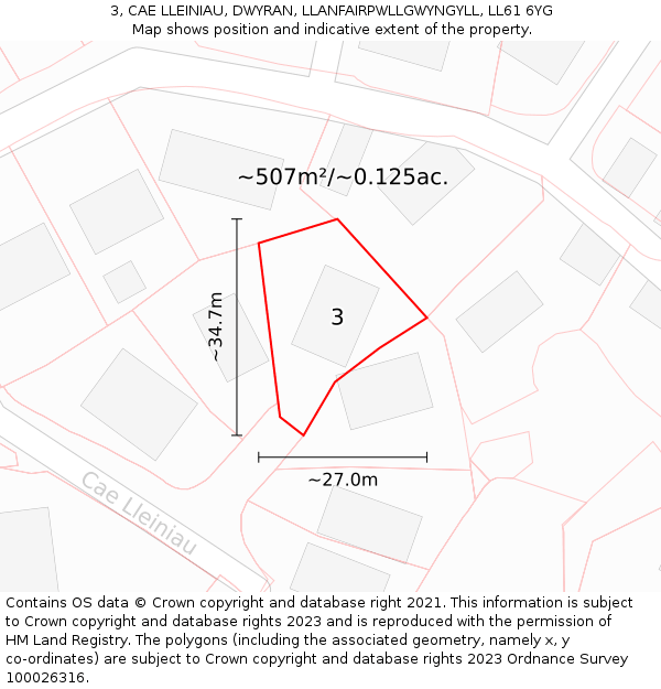 3, CAE LLEINIAU, DWYRAN, LLANFAIRPWLLGWYNGYLL, LL61 6YG: Plot and title map