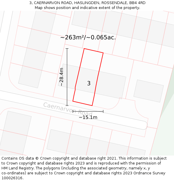 3, CAERNARVON ROAD, HASLINGDEN, ROSSENDALE, BB4 4RD: Plot and title map