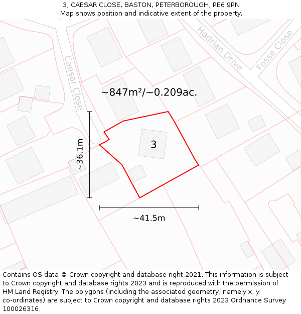 3, CAESAR CLOSE, BASTON, PETERBOROUGH, PE6 9PN: Plot and title map