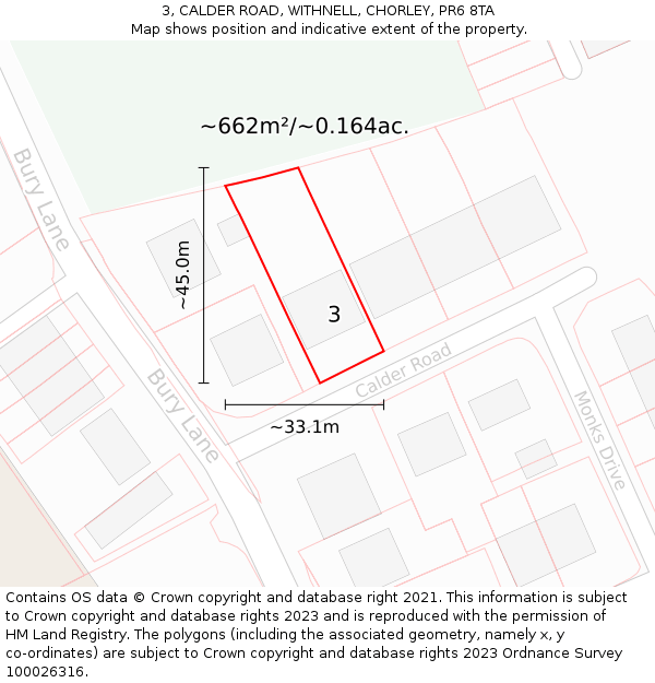 3, CALDER ROAD, WITHNELL, CHORLEY, PR6 8TA: Plot and title map