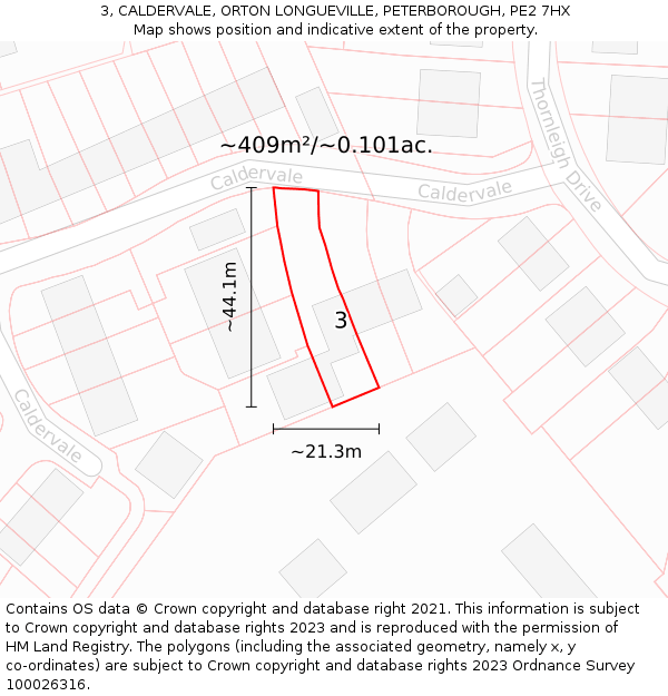 3, CALDERVALE, ORTON LONGUEVILLE, PETERBOROUGH, PE2 7HX: Plot and title map
