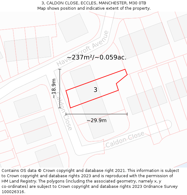 3, CALDON CLOSE, ECCLES, MANCHESTER, M30 0TB: Plot and title map