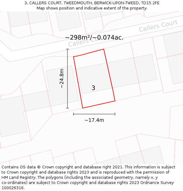3, CALLERS COURT, TWEEDMOUTH, BERWICK-UPON-TWEED, TD15 2FE: Plot and title map