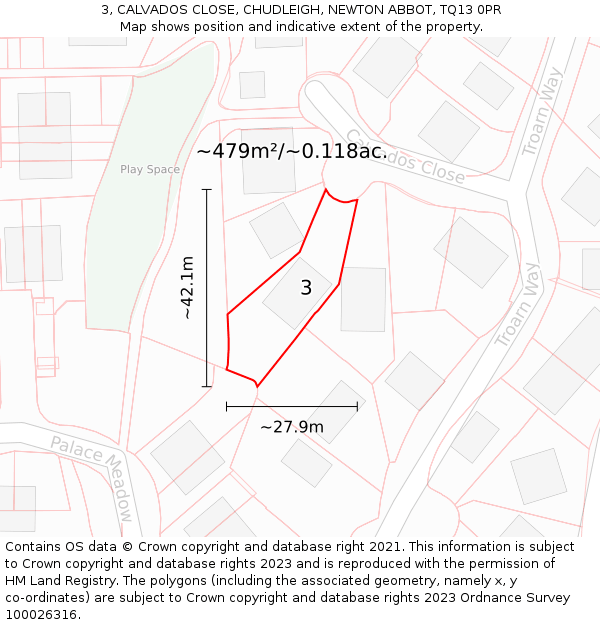 3, CALVADOS CLOSE, CHUDLEIGH, NEWTON ABBOT, TQ13 0PR: Plot and title map