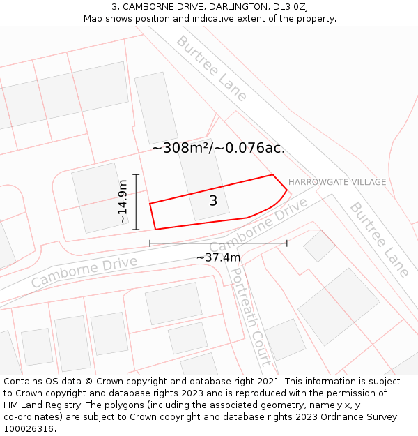 3, CAMBORNE DRIVE, DARLINGTON, DL3 0ZJ: Plot and title map