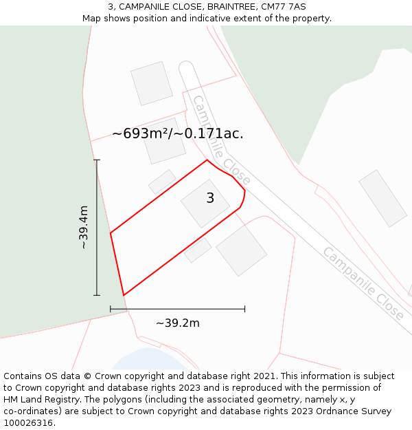 3, CAMPANILE CLOSE, BRAINTREE, CM77 7AS: Plot and title map
