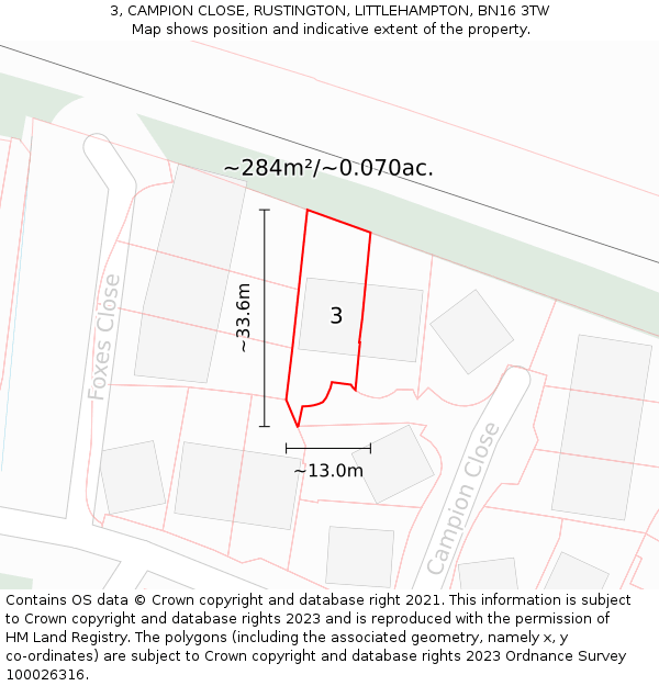 3, CAMPION CLOSE, RUSTINGTON, LITTLEHAMPTON, BN16 3TW: Plot and title map