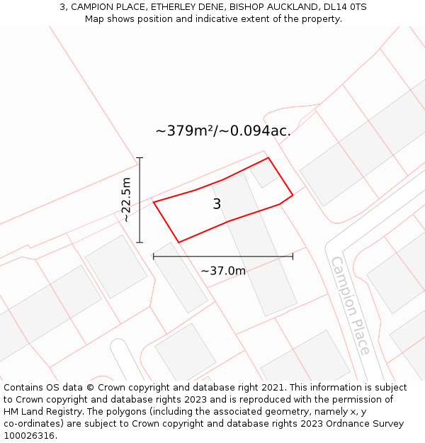 3, CAMPION PLACE, ETHERLEY DENE, BISHOP AUCKLAND, DL14 0TS: Plot and title map